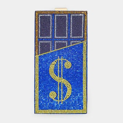 Fashnzfab Bling Dollar Sign Chocolate Vertical Clutch Bag In Blue