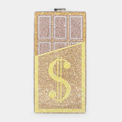 Fashnzfab Bling Dollar Sign Chocolate Vertical Clutch Bag In Gold