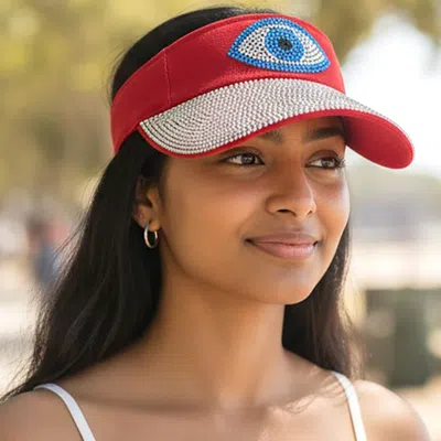 Fashnzfab Bling Evil Eye Accented Visor Hat In Red