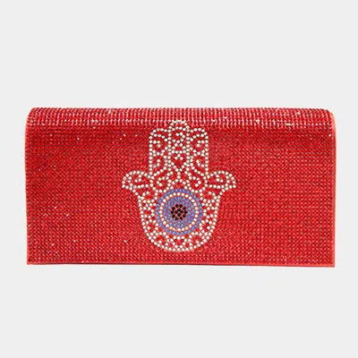 Fashnzfab Bling Evil Eye Centered Hamsa Hand Evening Clutch Crossbody Bag In Red