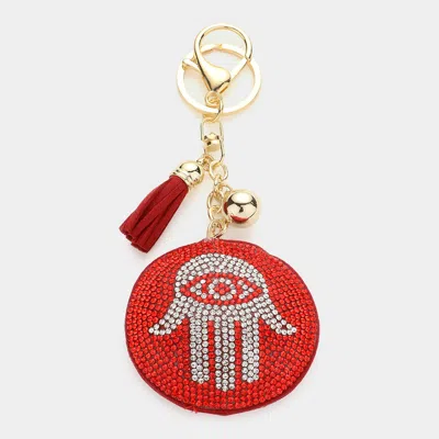 Fashnzfab Bling Evil Eye Hamsa Hand Tassel Keychain In Red