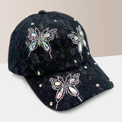 Fashnzfab Bling Glass Crystal Stone Accented Butterfly Lace Baseball Cap In Neutral