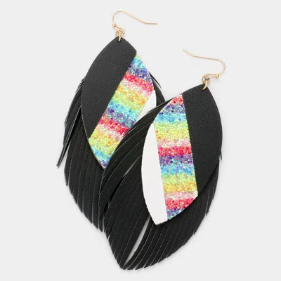 Fashnzfab Bling Glitter Accented Faux Leather Feather Earrings In Multi