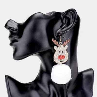 Fashnzfab Bling Glitter Rudolph Pom Pom Dangle Earrings - White