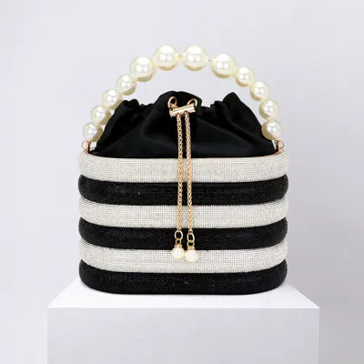 Fashnzfab Bling Pearl Top Handle Drawstring Box Crossbody Bag In Black