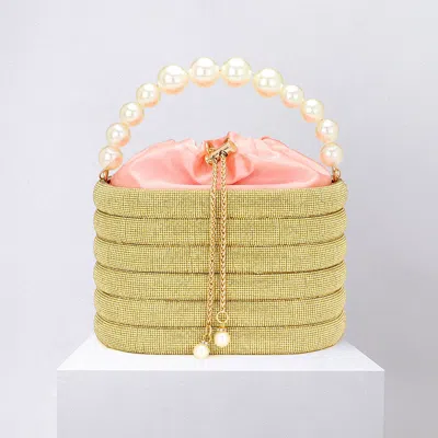 Fashnzfab Bling Pearl Top Handle Drawstring Box Crossbody Bag In Gold