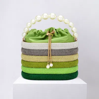Fashnzfab Bling Pearl Top Handle Drawstring Box Crossbody Bag In Green