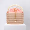 Fashnzfab Bling Pearl Top Handle Drawstring Box Crossbody Bag In Sand