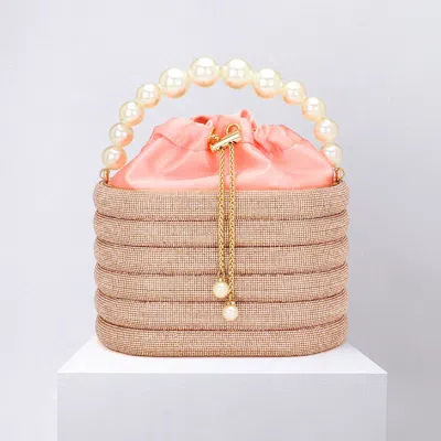 Fashnzfab Bling Pearl Top Handle Drawstring Box Crossbody Bag In Sand