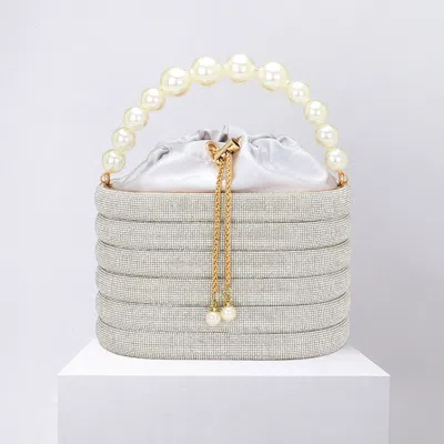Fashnzfab Bling Pearl Top Handle Drawstring Box Crossbody Bag In Silver