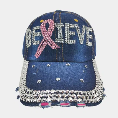 Fashnzfab Bling Pink Ribbon Believe Message Baseball Cap In Multi