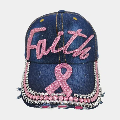 Fashnzfab Bling Pink Ribbon Faith Message Baseball Cap In Blue