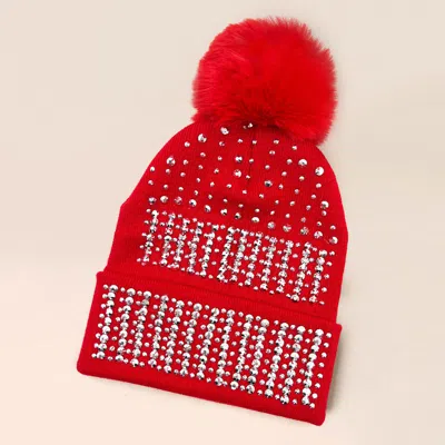 Fashnzfab Bling Pom Pom Beanie Hat In Red