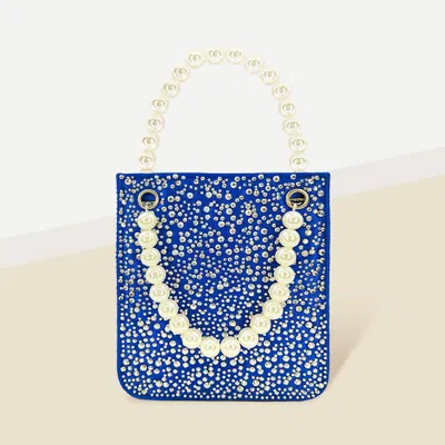 Fashnzfab Bling Rectangle Pearl Handle Evening Tote / Crossbody Bag In Blue
