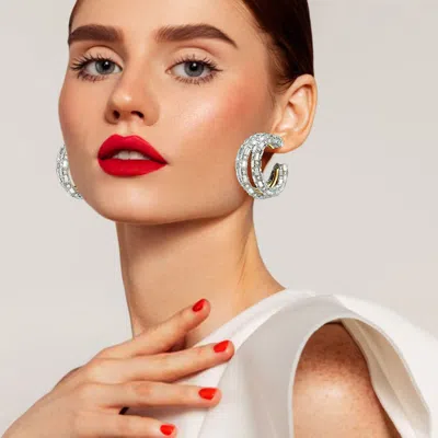 Fashnzfab Bling Rectangle Stone Split Hoop Earrings Rhodium In Neutral