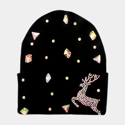 Fashnzfab Bling Reindeer Beanie Hat In Black
