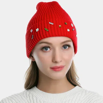 Fashnzfab Bling Stone Embellished Knit Beanie Hat In Red