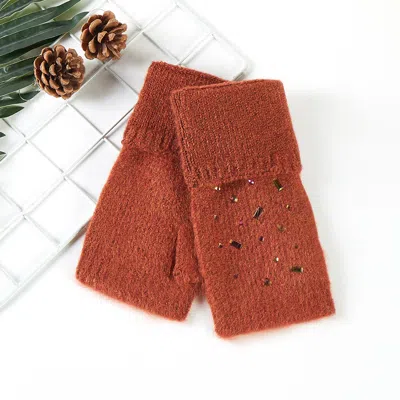 Fashnzfab Bling Stone Embellished Knit Fingerless Gloves In Brown
