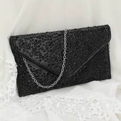 Fashnzfab Bling Stone Studded Flap Envelope Evening Clutch Bag / Crossbody Bag In Black