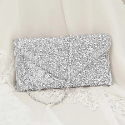 Fashnzfab Bling Stone Studded Flap Envelope Evening Clutch Crossbody Bag In Silver