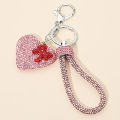 Fashnzfab Bling Studded Bow Accent Heart Charm Wrist Strap Bag Charm Keychain In Metallic