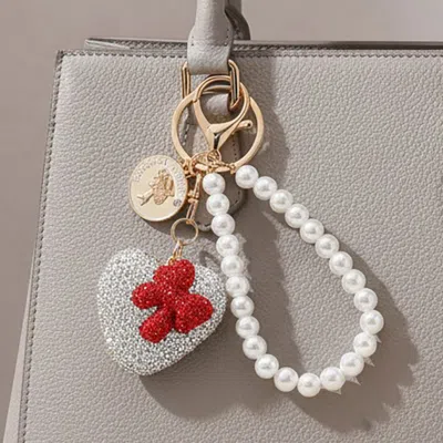 Fashnzfab Bling Studded Bow Accent Heart Pearl Wristlet Keychain Bag Charm In Multi