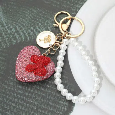 Fashnzfab Bling Studded Bow Accent Heart Pearl Wristlet Keychain Bag Charm In Pink