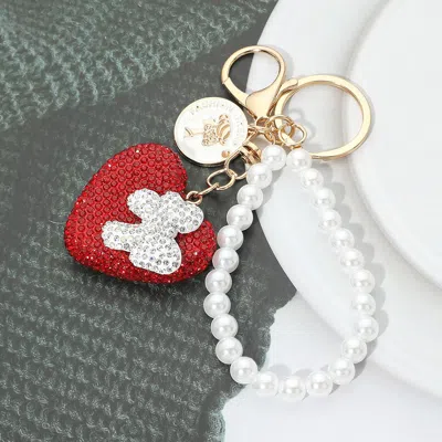 Fashnzfab Bling Studded Bow Accent Heart Pearl Wristlet Keychain Bag Charm In Red