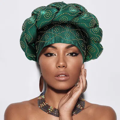 Fashnzfab Bling Studded Braided Turban Hair Wrap In Green