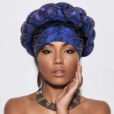Fashnzfab Bling Studded Braided Turban Hat In Blue