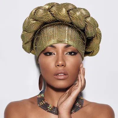 Fashnzfab Bling Studded Braided Turban Hat In Gold