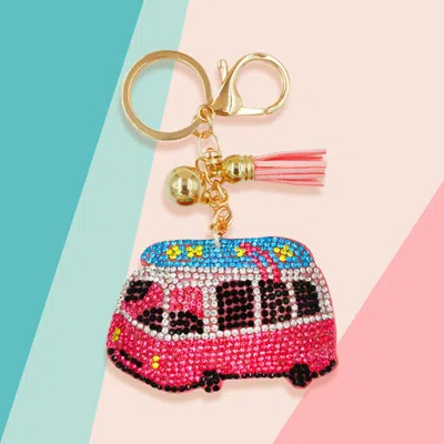 Fashnzfab Bling Studded Bus Tassel Keychain In Pink