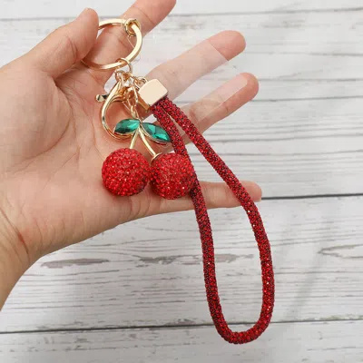 Fashnzfab Bling Studded Cherry Strap Keychain / Bag Charm / Phone Charm In Red