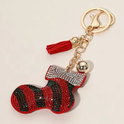 Fashnzfab Bling Studded Christmas Socks Keychain / Bag Charm In Red