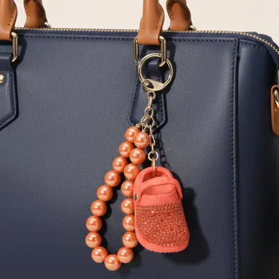 Fashnzfab Bling Studded Clog Shoe Charm Pearl Beaded Wristlet Strap Bag Charm Keychain In Brown