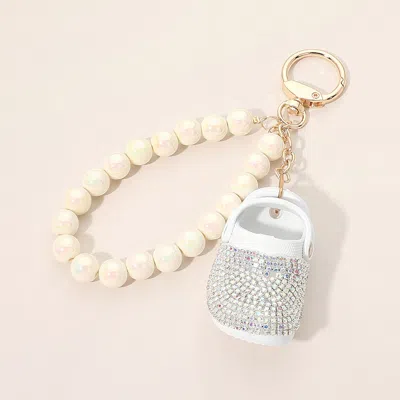Fashnzfab Bling Studded Clog Shoe Charm Pearl Beaded Wristlet Strap Bag Charm Keychain In Silver