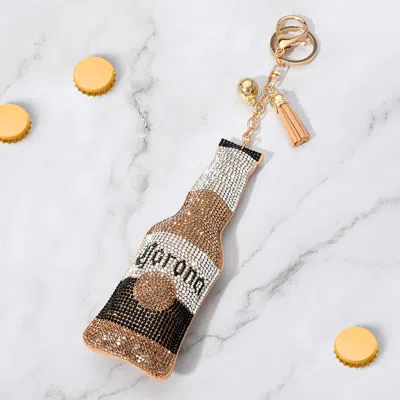 Fashnzfab Bling Studded Corona Beer Bottle Tassel Keychain In Silver