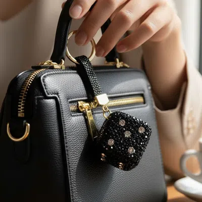 Fashnzfab Bling Studded Cube Dice Bag Charm Keychain In Black