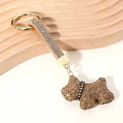 Fashnzfab Bling Studded Dog Dangle Keychain / Bag Charm In Brown