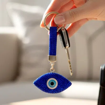 Fashnzfab Bling Studded Evil Eye Bag Charm Keychain In Blue