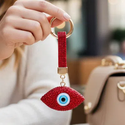 Fashnzfab Bling Studded Evil Eye Bag Charm Keychain In Red