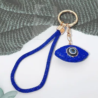 Fashnzfab Bling Studded Evil Eye Charm Keychain Bag Charm Phone Holder In Blue