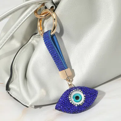 Fashnzfab Bling Studded Evil Eye Keychain / Bag Charm In Blue