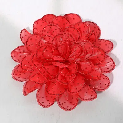 Fashnzfab Bling Studded Fabric Flower Brooch / Hair Clip In Red