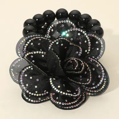 Fashnzfab Bling Studded Fabric Flower Statement Faux Pearl Beaded Stretch Bracelet Ab, Black In Multi