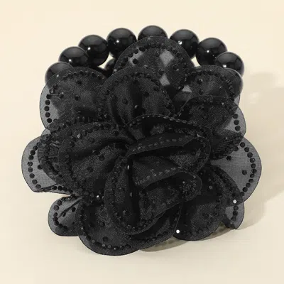 Fashnzfab Bling Studded Fabric Flower Statement Faux Pearl Beaded Stretch Bracelet Black, Jet Black In Multi