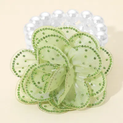 Fashnzfab Bling Studded Fabric Flower Statement Faux Pearl Beaded Stretch Bracelet Green, White