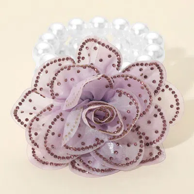 Fashnzfab Bling Studded Fabric Flower Statement Faux Pearl Beaded Stretch Bracelet Light, Purple, White In Multi