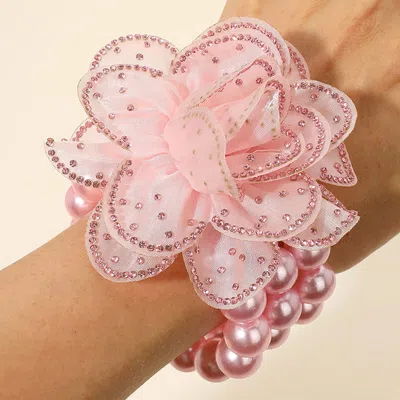 Fashnzfab Bling Studded Fabric Flower Statement Faux Pearl Beaded Stretch Bracelet Pink