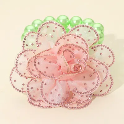 Fashnzfab Bling Studded Fabric Flower Statement Faux Pearl Beaded Stretch Bracelet Pink & Green